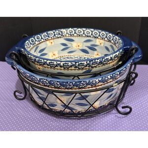 Temptations Old World Blue Round Baking Casserole 1 And 2 Quart Set 2 Wire Rack